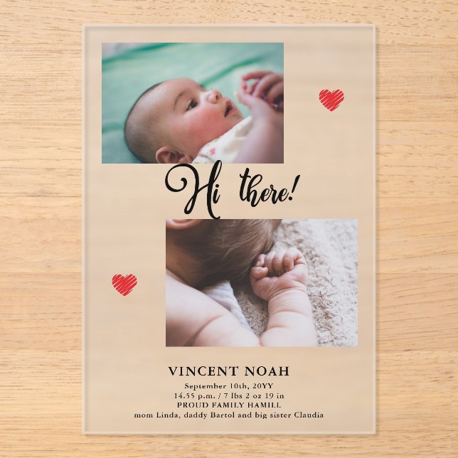 Two Photos Birth Announcement Frosted Acrylic Card (Front)