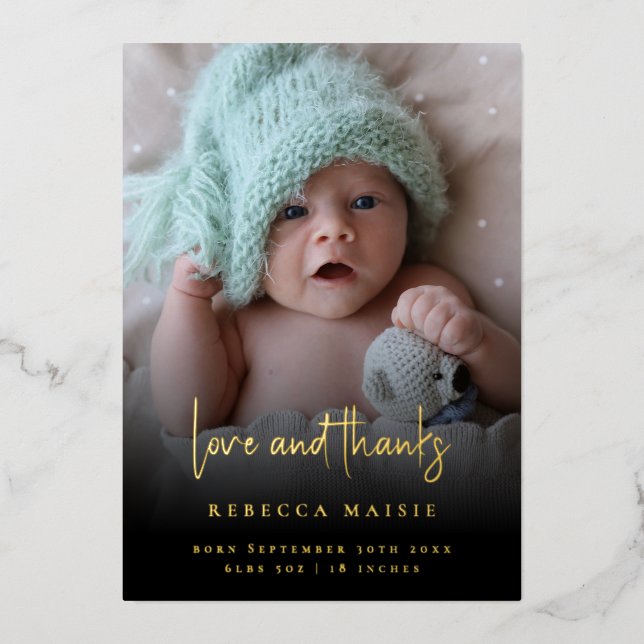 Two Photos Black Foil Birth Announcement  (Front)