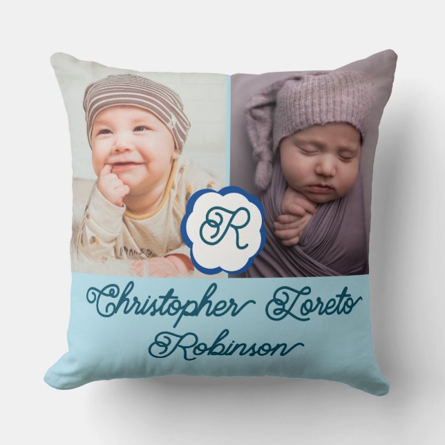 Two Photos & Complete name & Monogram Baby boy Thr Throw Pillow (Front)