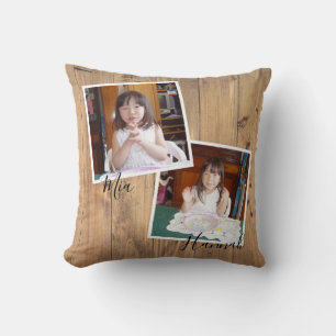 Two Photos Happy Father's Day on Rustic Wood Throw Pillow