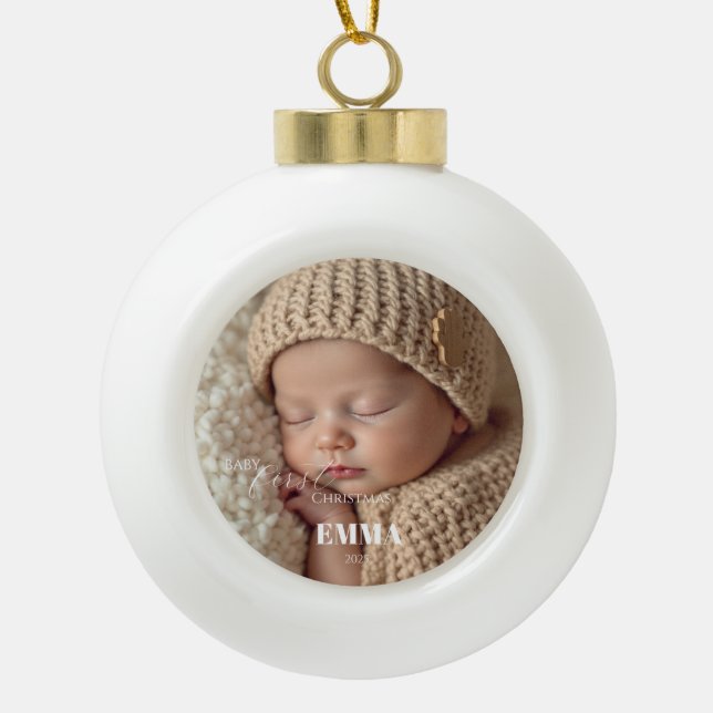 Two Photos Minimalist Baby First Christmas Ceramic Ball Christmas Ornament (Front)