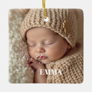Two Photos Minimalist Baby First Christmas Ceramic Ornament