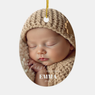 Two Photos Minimalist Baby First Christmas Ceramic Ornament
