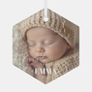 Two Photos Minimalist Baby First Christmas Glass Ornament