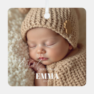 Two Photos Minimalist Baby First Christmas Metal Ornament