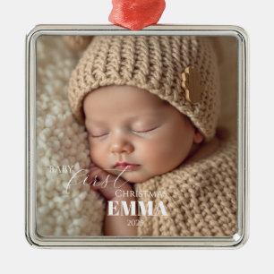 Two Photos Minimalist Baby First Christmas Metal Ornament