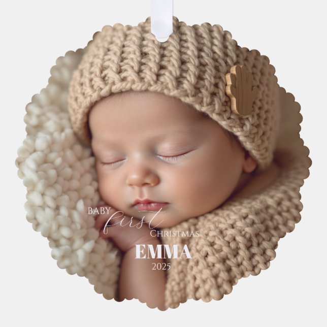 Two Photos Minimalist Baby First Christmas Ornament Card (Front)