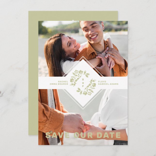 Two Photos Minimalist Floral Collage Wedding Save The Date (Front/Back)