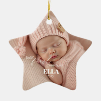 Two Photos Minimalist Pink Baby First Christmas Ceramic Ornament