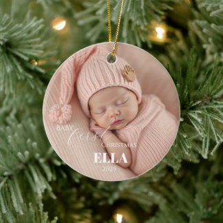 Two Photos Minimalist Pink Baby First Christmas Ceramic Ornament