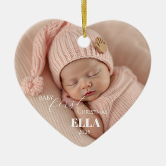Two Photos Minimalist Pink Baby First Christmas Ceramic Ornament