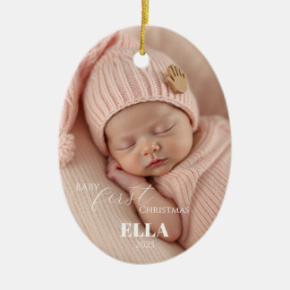 Two Photos Minimalist Pink Baby First Christmas Ceramic Ornament