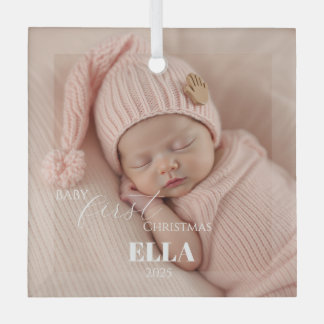 Two Photos Minimalist Pink Baby First Christmas  Glass Ornament