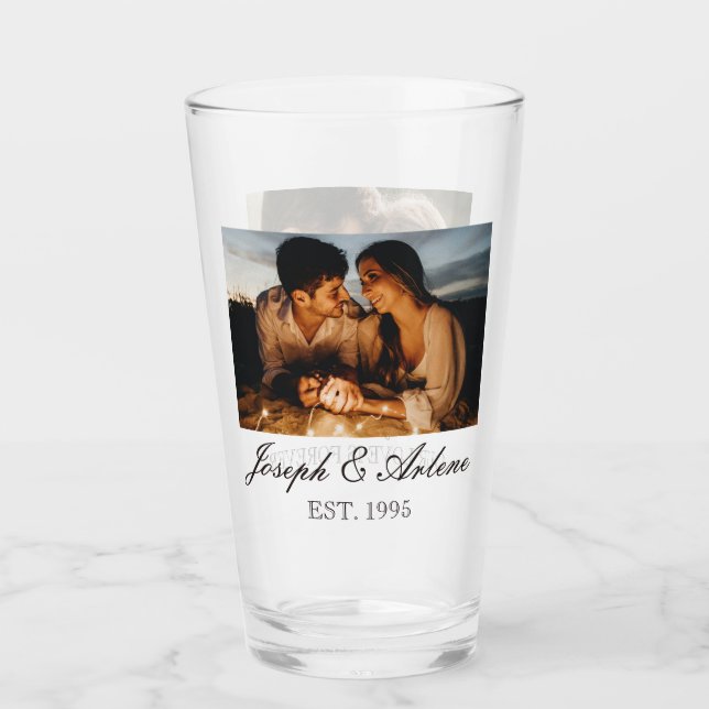 Two Photos, Names, Date, & Text | 16oz Pint Glass (Front)