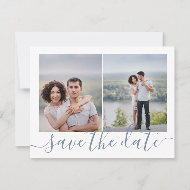 Two Picture Save the Date Card in Dusty Blue (Front)