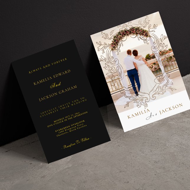 Two-Piece Rose Gold Black Back Minimalist Wedding  Invitation (Black And Gold)