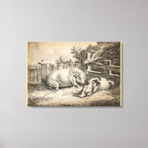 Two Pigs Lying in Straw in an Outdoor Pen Canvas Print