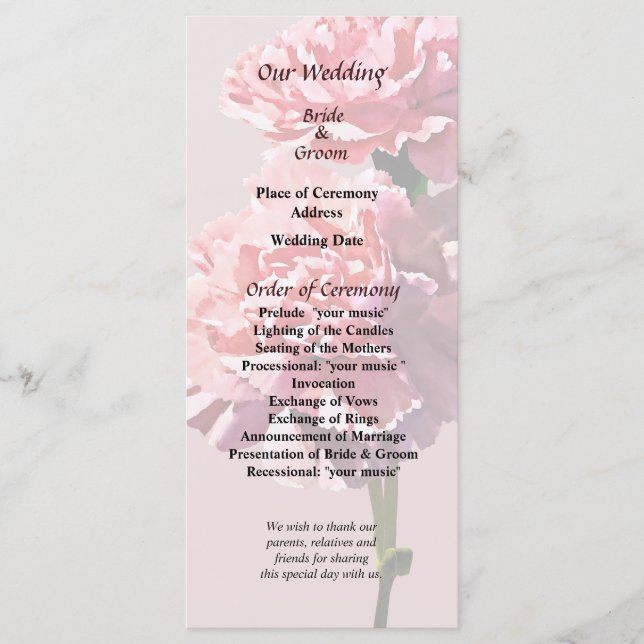 Two Pink Carnations Wedding Program (Front)