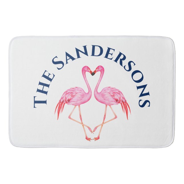 Two Pink Flamingos Bathroom Monogram Name Bath Mat (Front)