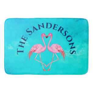 Two Pink Flamingos Bathroom Monogram Name Bath Mat