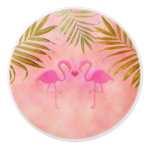 Two Pink Flamingos Beach Watercolor Elegant Ceramic Knob