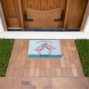 Two Pink Flamingos Family Name Welcome Doormat