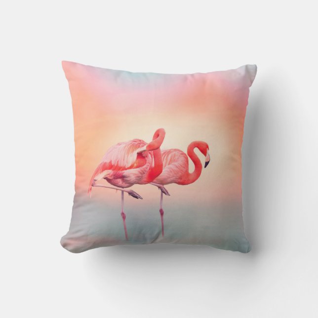 Two Pink flamingos in the water at sunsetflamingo, Throw Pillow (Front)