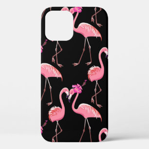 Two pink flamingos on a black background. Seamless iPhone 12 Case