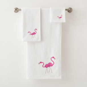 Two Pink Flamingos standing together Bath Towel Set