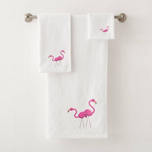 Two Pink Flamingos standing together Bath Towel Set (Insitu)