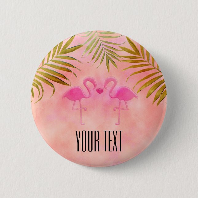 Two Pink Flamingos Watercolor Tropical Pin Button (Front)