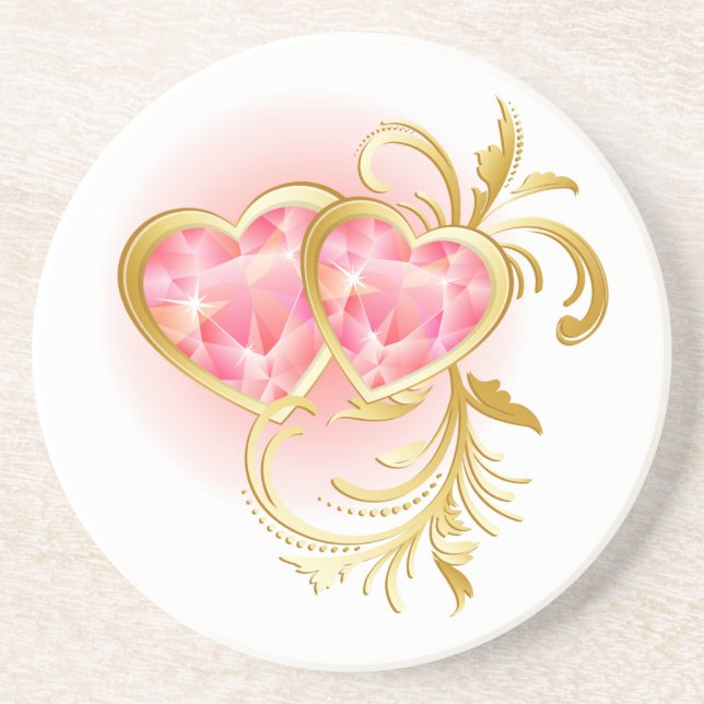 Two Pink Jewelled Hearts Coaster (Front)