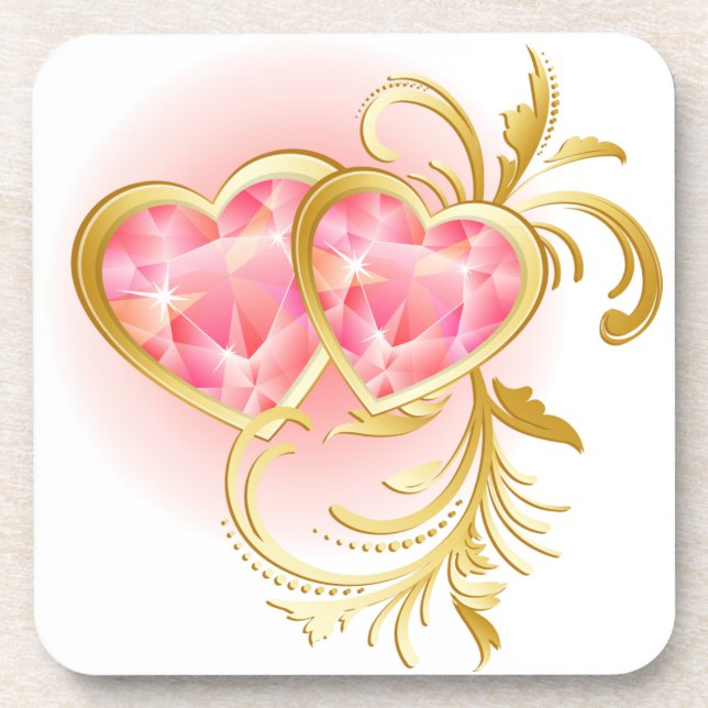 Two Pink Jewelled Hearts Coaster (Front)