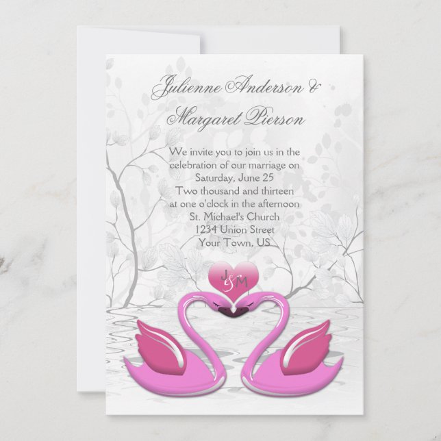 Two Pink Kissing Swans Wedding Invitation (Front)
