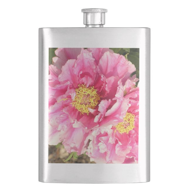 "TWO PINK PEONIES" / 8 OZ. STAINLESS STEEL FLASK (Front)