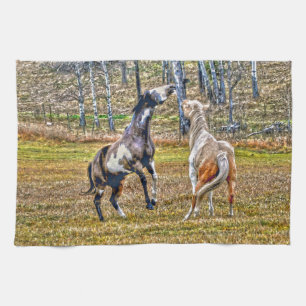 Two Playful Pinto Paint Horses Equine Art Design Kitchen Towel