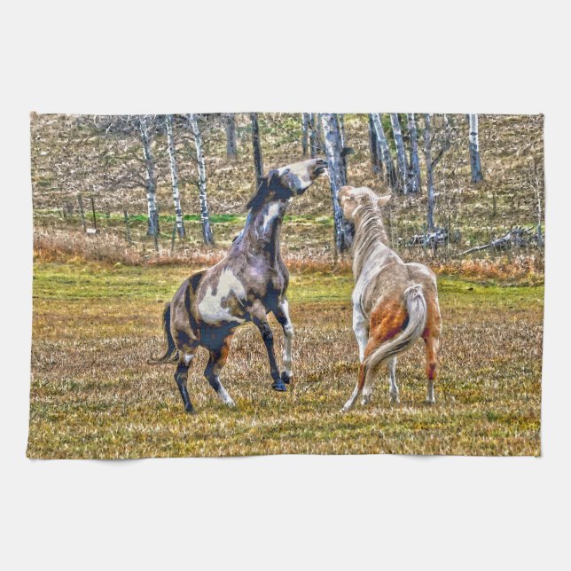 Two Playful Pinto Paint Horses Equine Art Design Kitchen Towel (Horizontal)