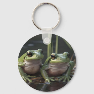 Two Plump Green Frogs At The River, Keychain