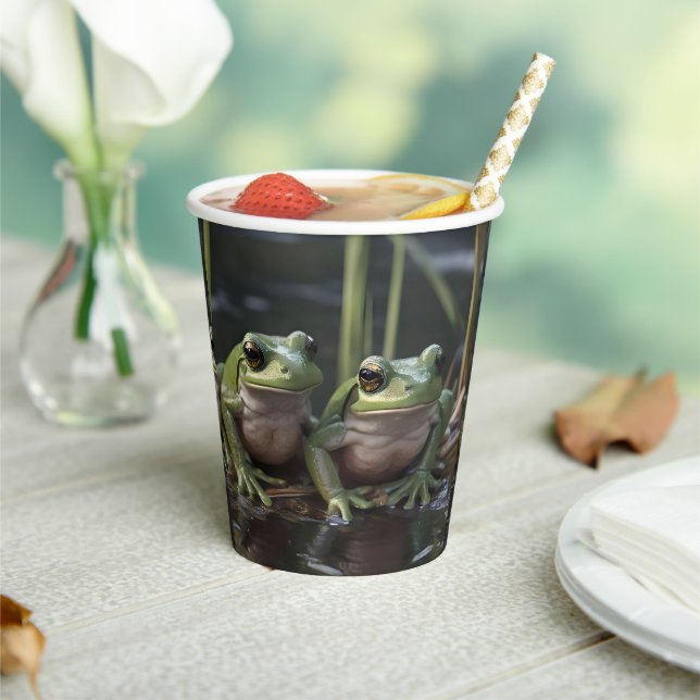 Two Plump Green Frogs At The River, Paper Cups (Insitu)