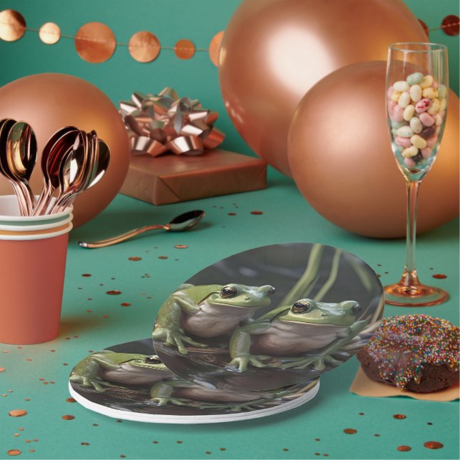 Two Plump Green Frogs At The River, Paper Plate (Multi)