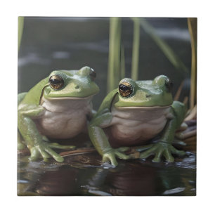 Two Plump Green Frogs At The River, Tile