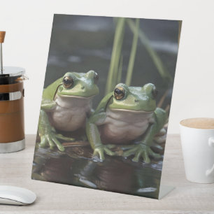 Two Plump Little Green Frogs By The River, Pedestal Sign
