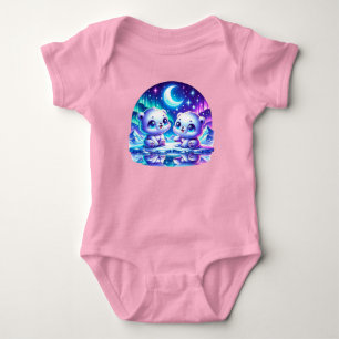 Two Polar Bear Cubs Play Under the Northern Lights Baby Bodysuit