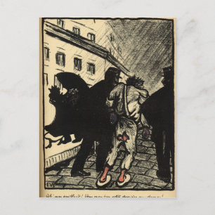 Two policemen take away a tramp dressed in rags postcard