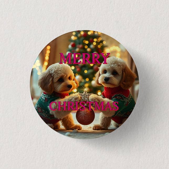 TWO POODLES CELEBRATING CHRISTMAS 1 INCH ROUND BUTTON (Front)