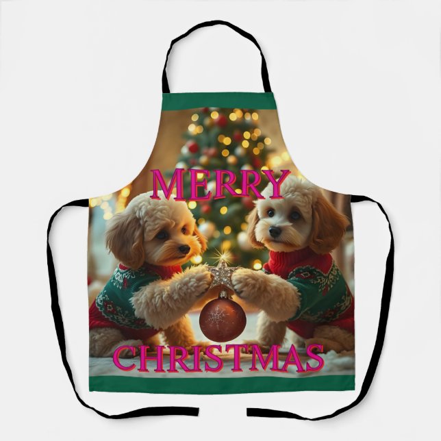 TWO POODLES CELEBRATING CHRISTMAS APRON (Front)