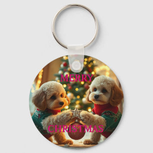TWO POODLES CELEBRATING CHRISTMAS KEYCHAIN