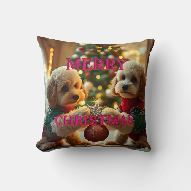 TWO POODLES CELEBRATING CHRISTMAS THROW PILLOW (Front)