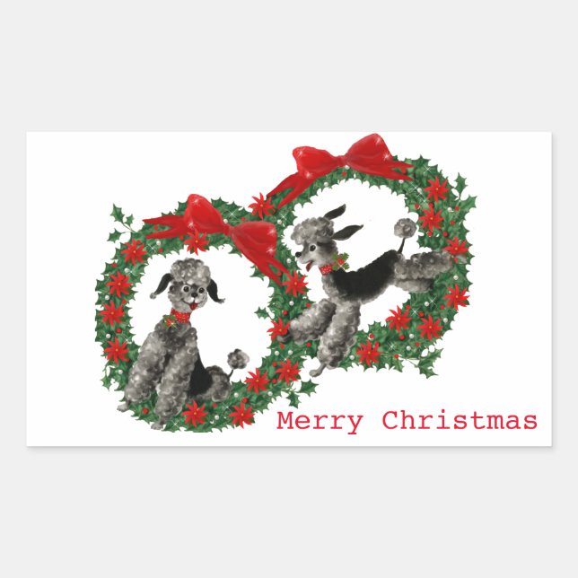 Two Poodles in Poinsettia  Wreaths Sticker (Front)