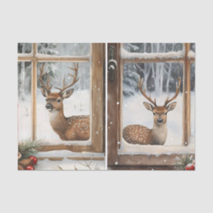 Two Pretty Winter Scenes of Deer in Window Panes Tissue Paper